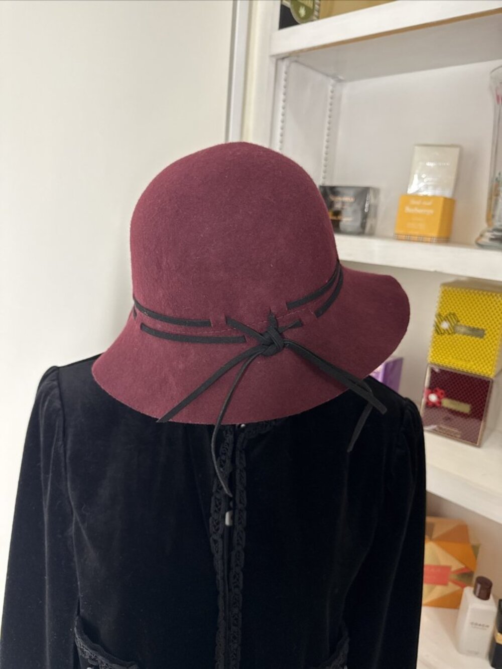 Sunday Afternoons Ellie Cloche Burgandy Wool Hat SPF 50 Retro City